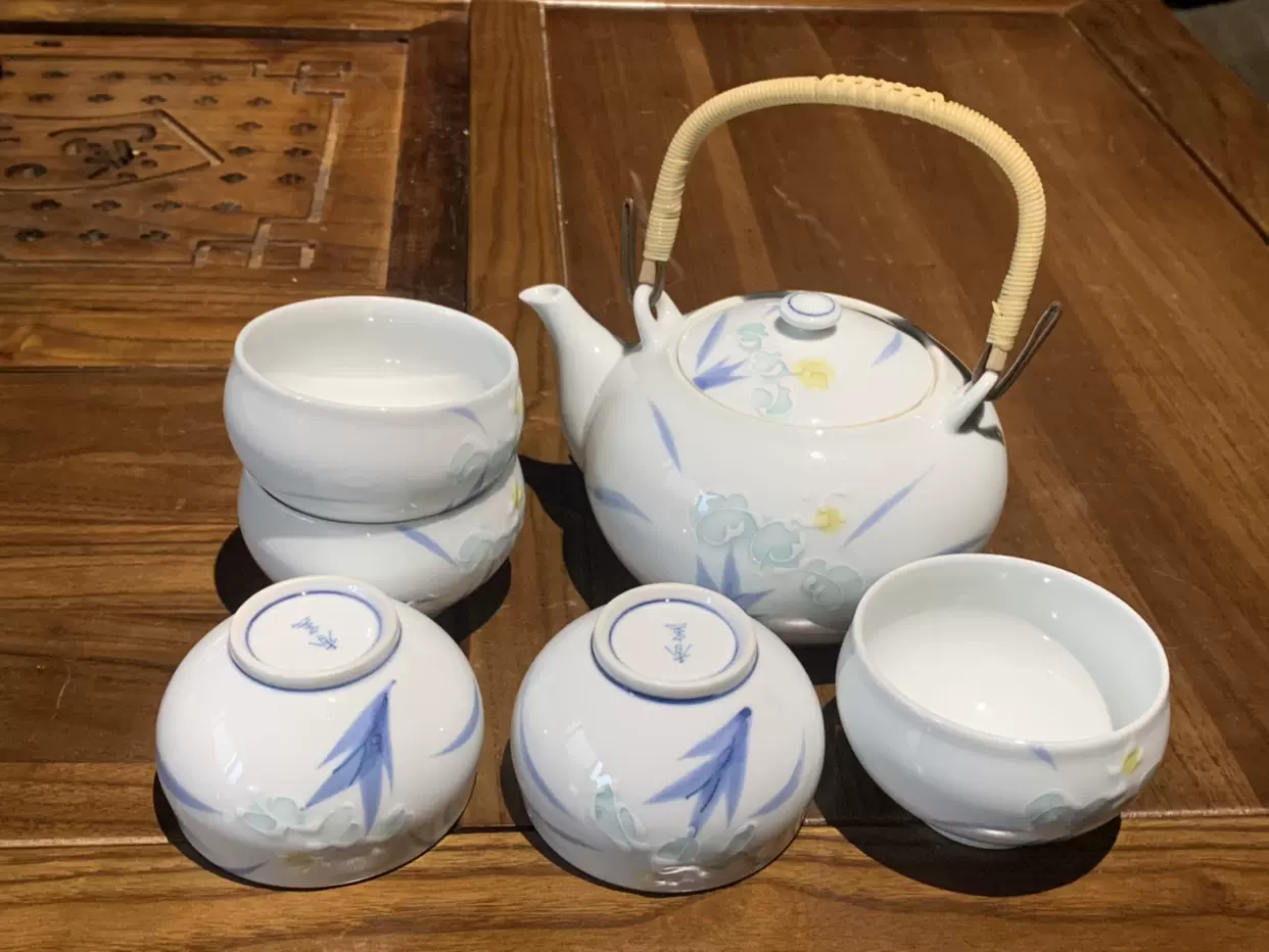 日本原产全新带原盒有田烧香窑浮雕彩绘手绘花草纹一壶五杯茶具套 