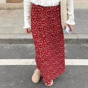 Retro red floral skirt women's summer pleated printed straight skirt elastic high waist slimming back slit skirt