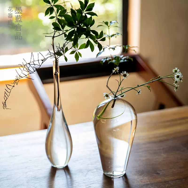 复古日式玻璃花瓶透明花器禅意中式插花器皿客厅桌面摆件梅