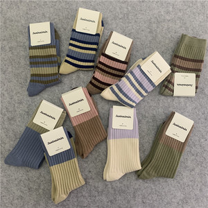 Retro striped pile socks color-blocking for women in autumn and winter college style pure cotton socks high tube long socks wear thin legs loose