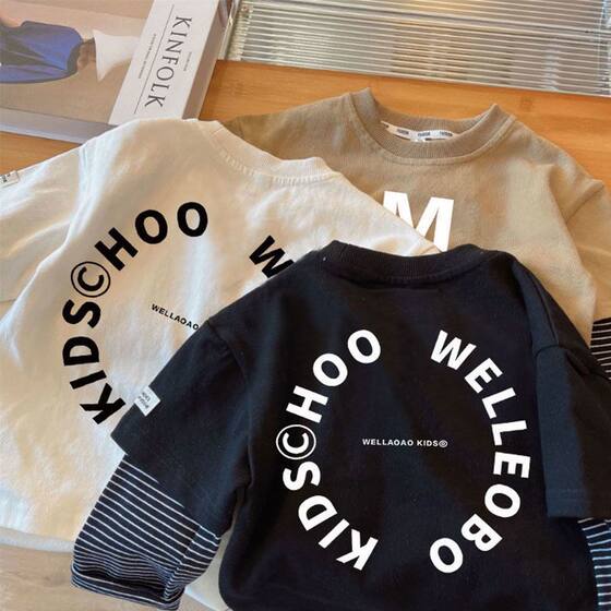 
Boys' fake two-piece long-sleeved T-shirt 2026 spring style children's baby style casual letter cotton top hot style t