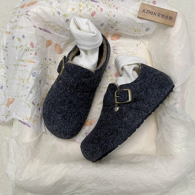 Wool felt Birkenstock shoes for women to increase their height, plus velvet, lazy soft soles, tendon soles, non-slip cotton shoes, lamb wool and cotton commuting