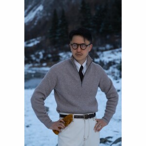 
UGENTLE Men's Cashmere Sweater Oatmeal Dune Half Turtle Collar Half Zipper Old Money Long Sleeve Knitted Sweater