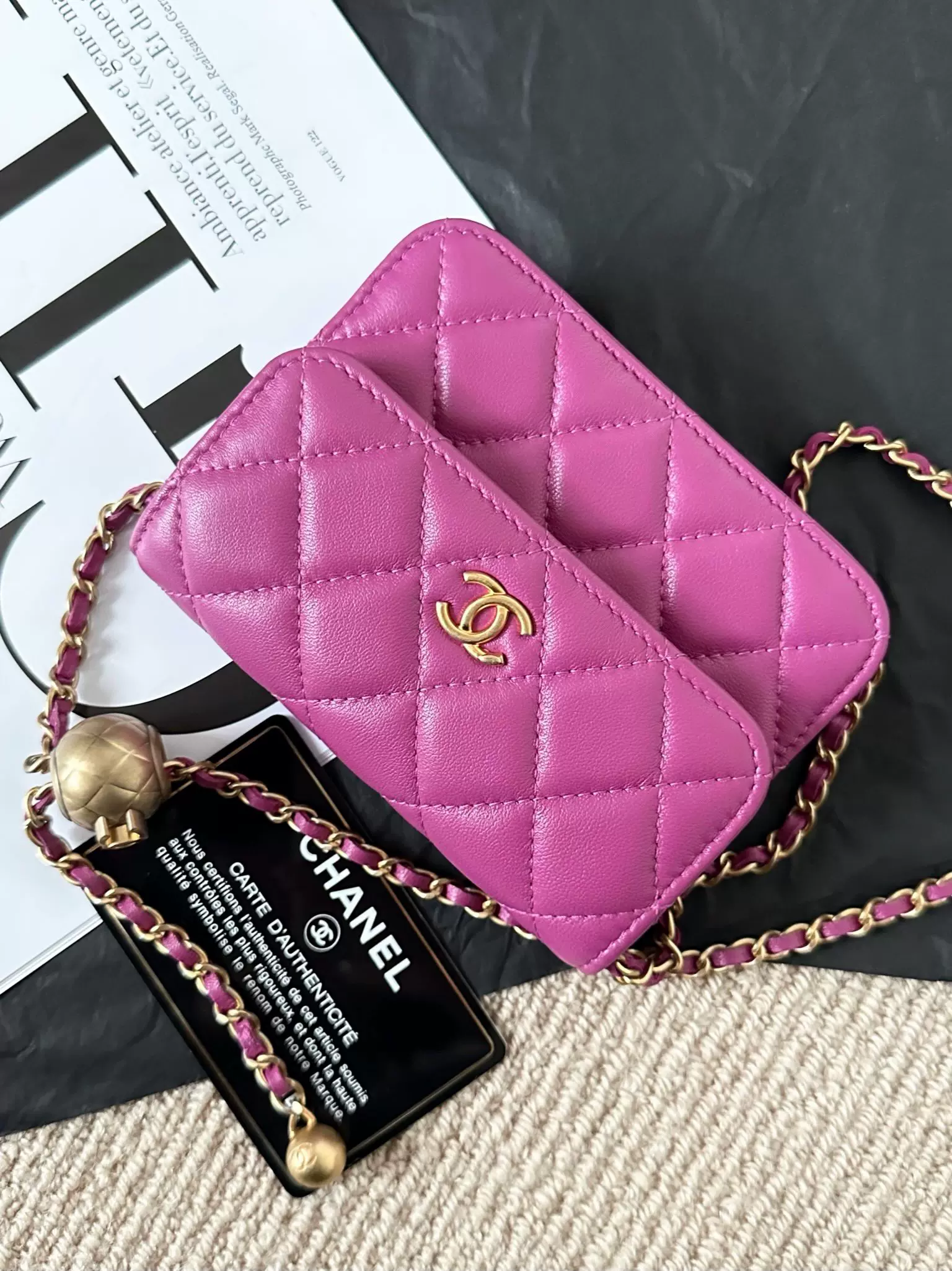 vintage正品中古 chanel香奈儿玫红色金球小包