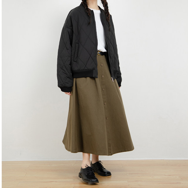DearClin workwear cotton-skinned fur skirt for women high waist retro button skirt A-line umbrella skirt versatile long skirt