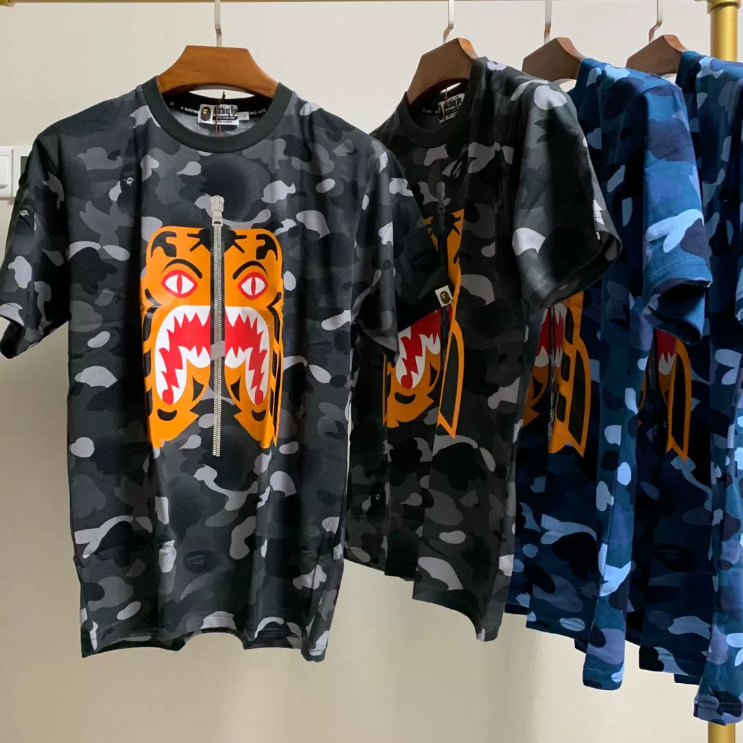 日本潮牌BAPE CAMO TIGER TEE 蓝黑迷彩老虎男女款圆领短袖T恤-Taobao