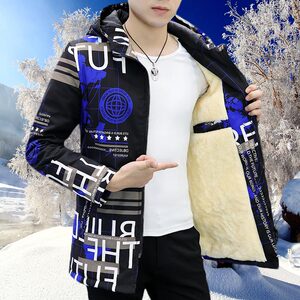 
Windbreaker Men's Mid-Length Cotton Coat Trendy and Handsome 2021 Autumn and Winter Large Size Velvet and Cotton Hooded Clothes Men's Jacket