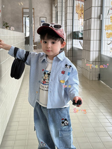 
Fanma children's clothing 26 spring new style boys and girls Korean version Mickey plaid shirt long-sleeved T-shirt casual denim trousers