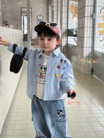 
Fanma children's clothing 26 spring new style boys and girls Korean version Mickey plaid shirt long-sleeved T-shirt casual denim trousers