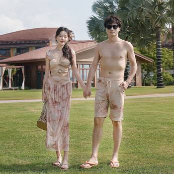 
Hot Thai beach couple swimsuit 2025 new small breasts gathered conservative skirt bikini men's beach pants