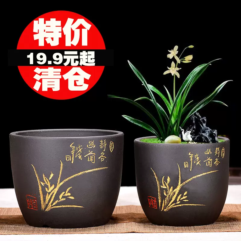 宜興精品紫砂多肉小花文竹蘭花盆透氣特價室內盆景陶瓷帶