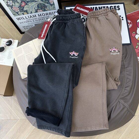 Whoever wears it will lose weight! Heavy industry sand washed 360g pure cotton Gulunsunu paper bag home plus velvet sweatpants straight leg pants for women winter