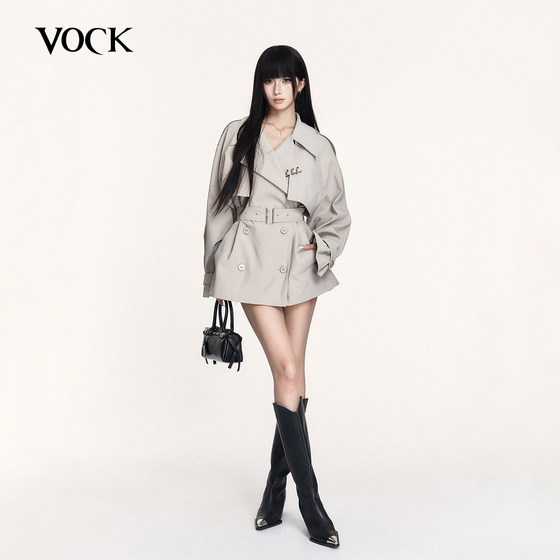 
VOCK Fashion Archive Autumn and Winter Classic Windbreaker Coat Lapel Waist Slimming Short British Style Coat
