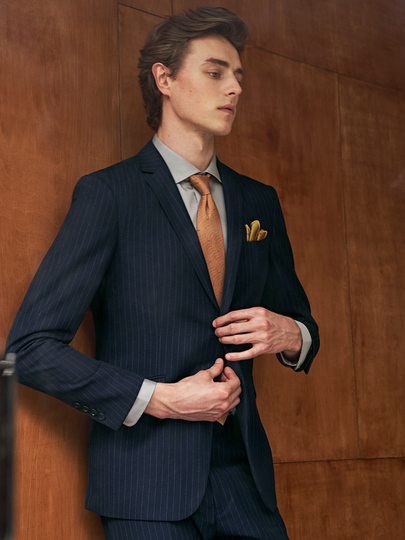 G•mons メンズ ネイビーブルー ストライプ スーツ - ビジネス 結婚式