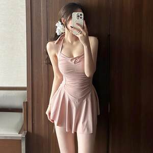 
Big Fishing Pure Desire Girl Style Hanging Neck Leaking Skirt One-piece Swimsuit Conservative Slimming Swimsuit Women's Hot Spring Vacation Swimsuit Women