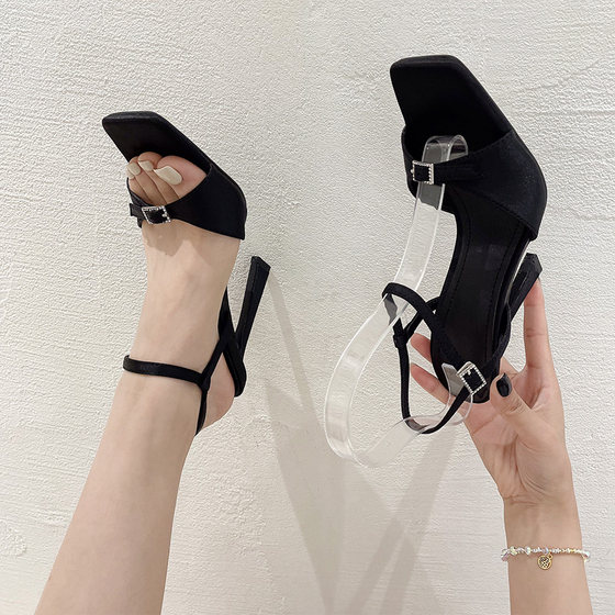 
One-line buckle fashion sandals high heels sexy open toe thin heel temperament goddess hot girl French women's size clearance