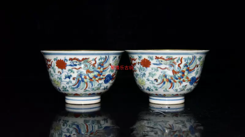 古玩古瓷器大明成化年制斗彩描金凤纹杯一对-Taobao