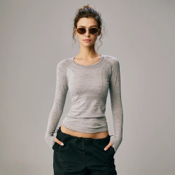Autumn and Winter Sports Long-Sleeved Quick-Drying Fitness Clothes Running Yoga Gray Top Slim Fit Sweatshirt Autumn Fitness Suit