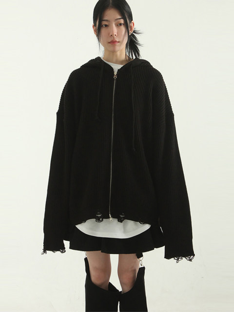 Korean generation 23F/W damage golgi knit hood zip-up (unisex) hole knit hoodie