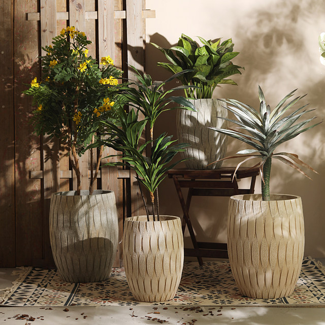 Retro magnesium mud floor-standing flower pot drum round green plant large flowerware living room garden violin leaf banyan bird of paradise green plant flower pot