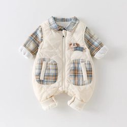 Boys' autumn and winter clothing, baby's velvet plaid shirt, quilted overalls, winter infant and toddler split two-piece set
