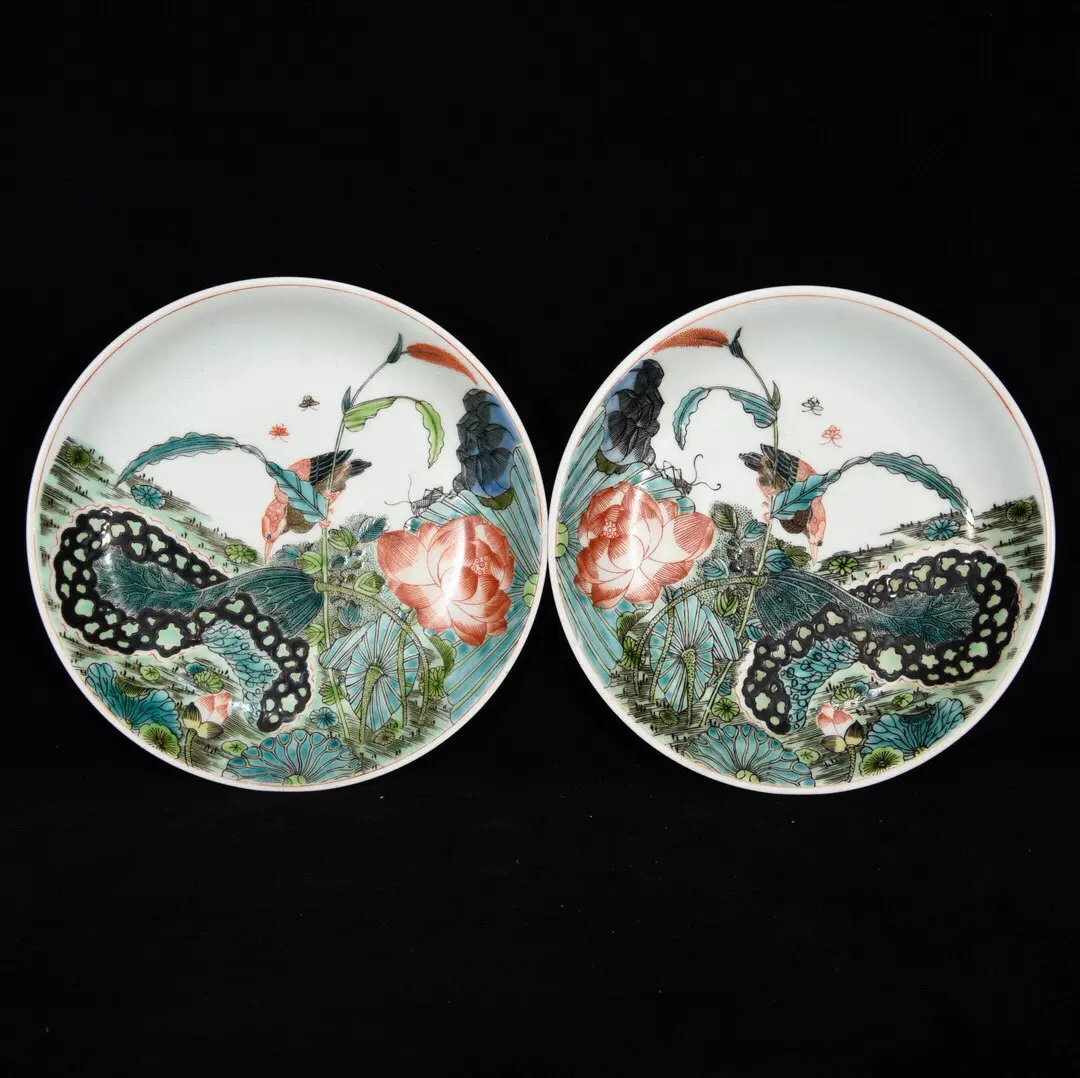 清雍正粉彩花鸟纹盘，4×21，壶承茶盘一对-Taobao