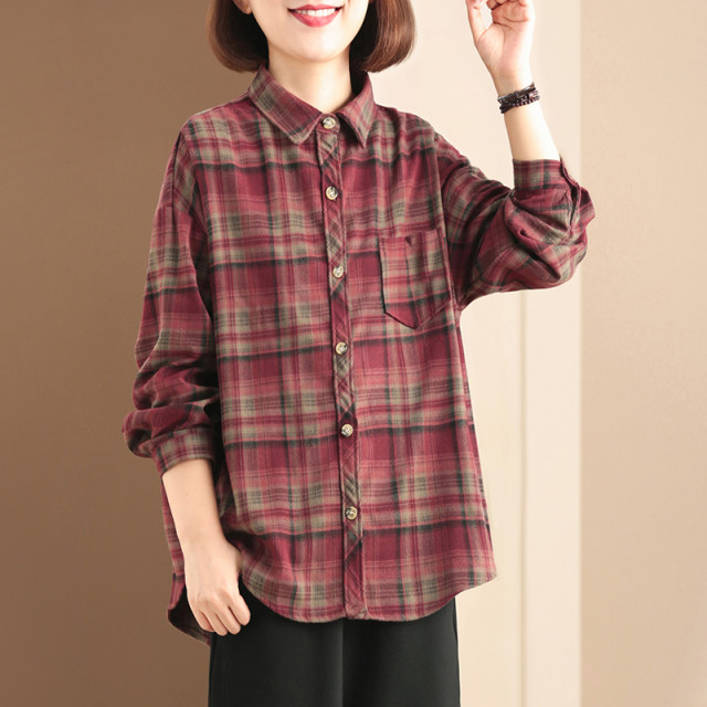 Peacock Feifei's original design Korean style large size cover-up and age-reducing casual and fashionable retro women's plaid shirt jacket
