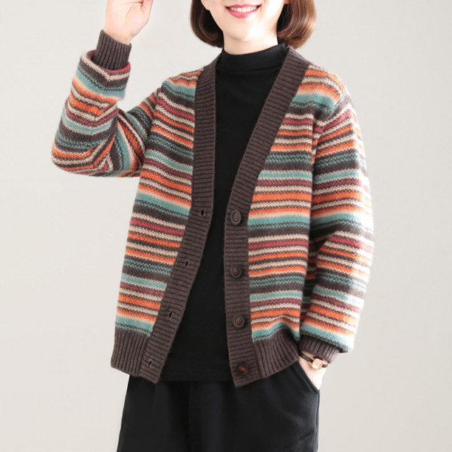 Peacock Feifei Korean version large size meat cover retro casual fashion V-neck cardigan jacket colorful striped sweater women