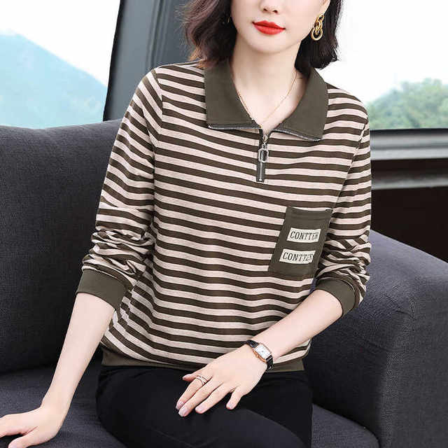 Mom's lapel striped long-sleeved sweatshirt for women 2025 autumn new loose large size middle-aged women's pure cotton t-shirt