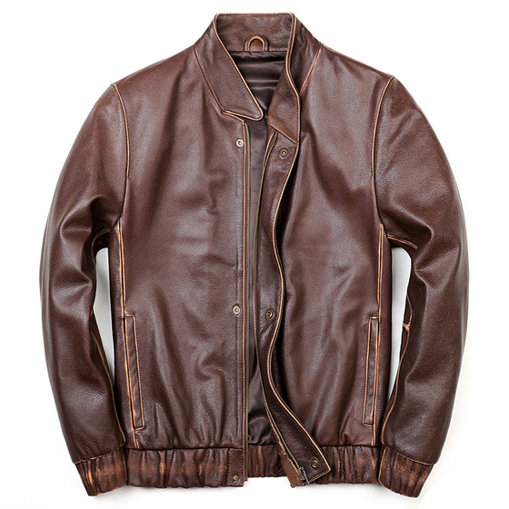 Milan's new leather leather leather coat male head layer cowhide retro old leather sleeve slim short single leather jacket
