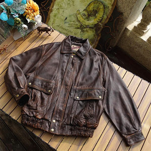 
Neutral retro [Wear between men and women] Imported tea core calf leather heavy washing and old silhouette leather jacket