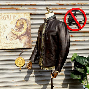 J100 tea core horse leather head layer genuine leather Japanese Kaji retro leather leather jacket men's short casual simple vertical collar
