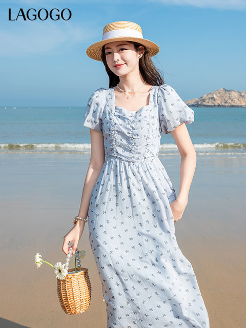 LAGOGO French Square Collar Bow Printed Dress Women's Lagugu 2025 Summer New Puff Sleeve Skirt
