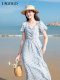 LAGOGO French Square Collar Bow Printed Dress Women's Lagugu 2025 Summer New Puff Sleeve Skirt