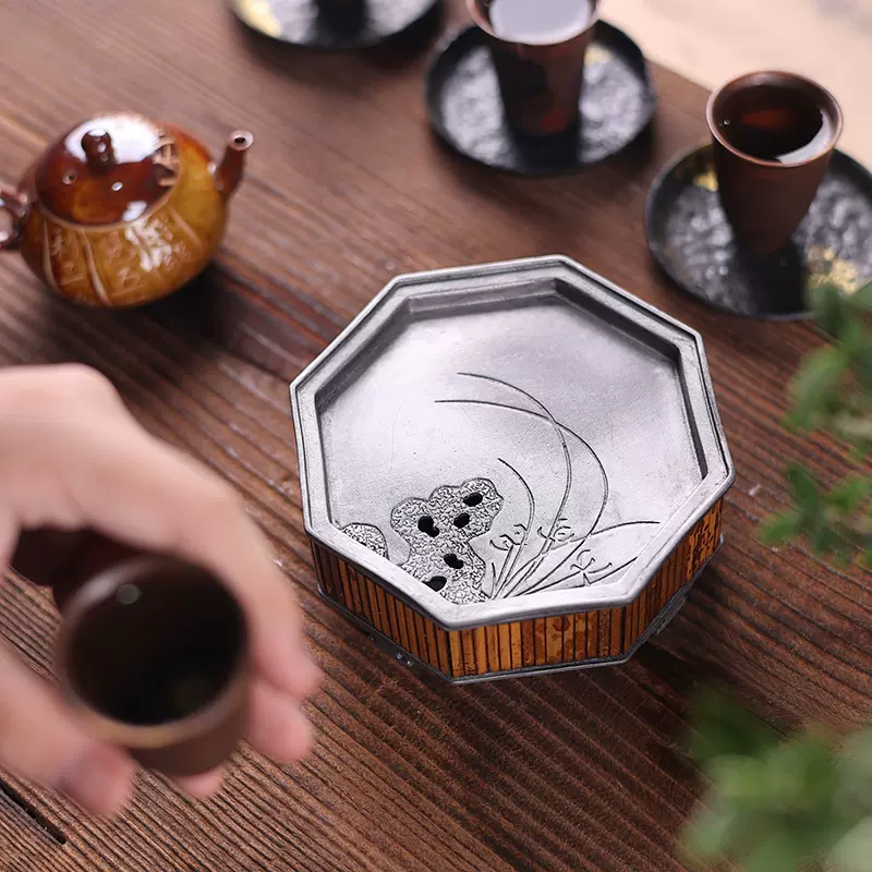 【雅古堂】楊家芝源　古錫 茶池 「 湘妃竹八方建水茶承」茶盆 茶盤 茶台 雅古堂】楊家芝源 古錫 茶池 「 湘妃竹八方建水茶承」茶盆 茶盤
