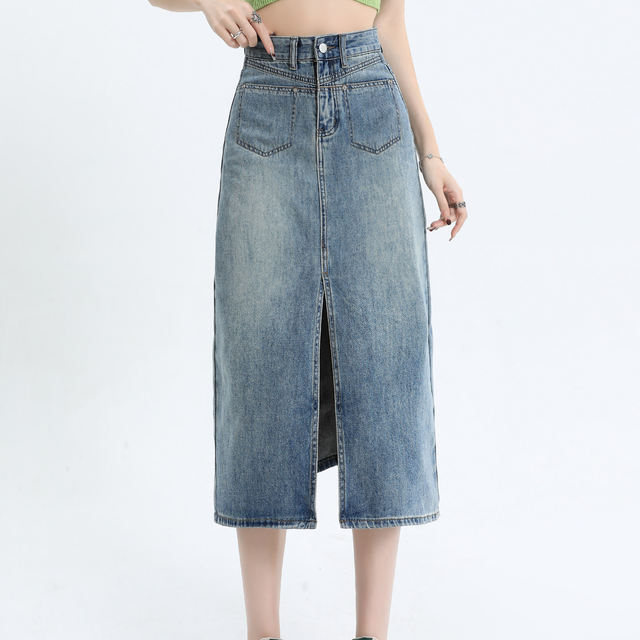 High waist slit denim skirt for women 2025 mid-length pear-shaped body covering hips A-line small hip-pack skirt