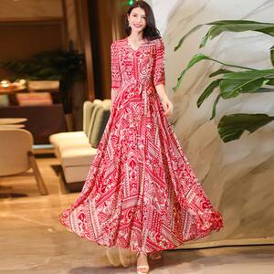 
Xiangyi Lihua 08-78 summer large size temperament floral women's dress waist slimming fashion five-quarter sleeve long dress