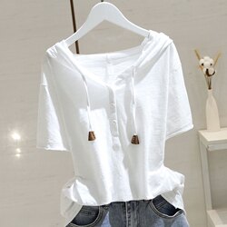 Pure White Hooded Short-Sleeved T-Shirt for Women 2026 Spring and Summer New Style Loose Slimming Versatile Belly-Covering Pullover Top Korean Style