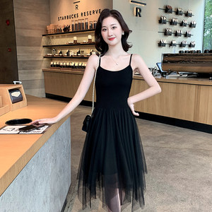 
Black suspender dress for women in spring and autumn, small mesh long skirt, inner layer, base, slim irregular skirt