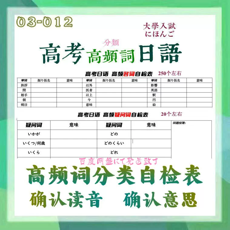 03 012高考日語高頻詞分類自檢表 動詞名詞接續詞副詞疑問詞 Taobao