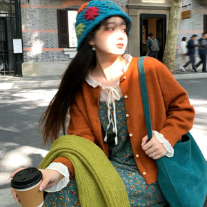 
iuuile 2025 new homemade retro orange cardigan sweater women's jacket casual versatile layering retro