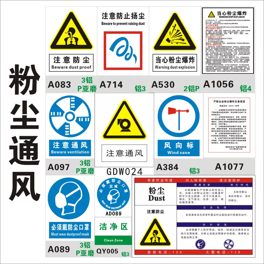 注意防塵通風標識牌當心爆炸小心防止揚塵風向標潔淨區粉塵告知卡