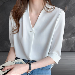 Plus Size Women's Summer Business Attire Short-Sleeved White Chiffon Shirt Women's Mid-Sleeve Korean Style Elegant Top