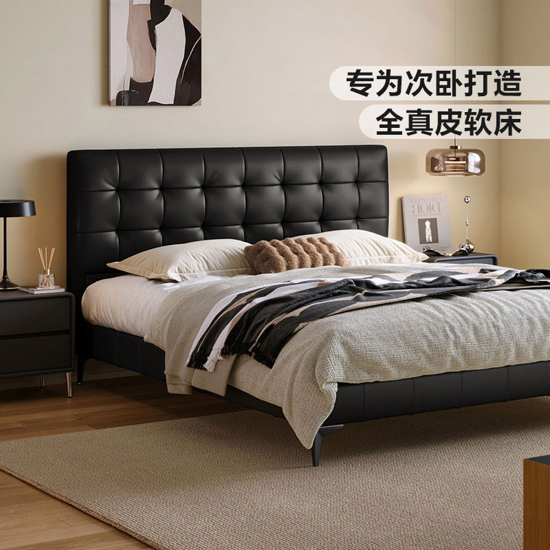 Lin s Home Ретро Полная кожаная кровать Вафельная мягкая сумка Китайская антикварная итальянская минималистичная двуспальная кровать Lin s Wood Indust