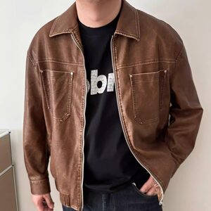 
DAEVU spring style washed and aged young trendy fat man plus fat plus size men's short lapel PU jacket leather jacket