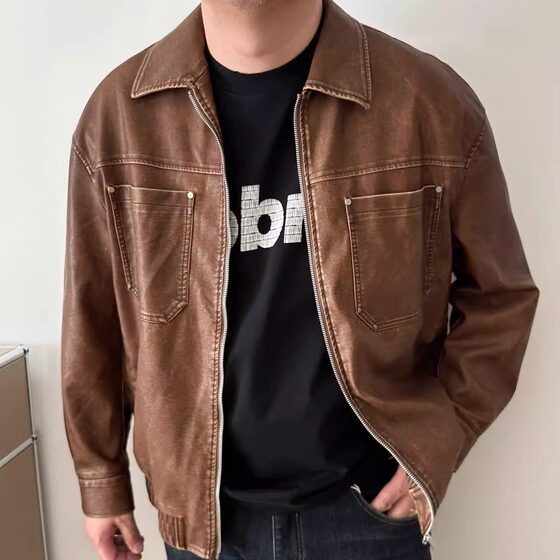 
DAEVU spring style washed and aged young trendy fat man plus fat plus size men's short lapel PU jacket leather jacket