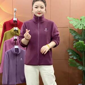 Middle-aged and elderly women's winter double-sided orley fleece jacket mother's new fashionable casual stand collar warm fleece top
