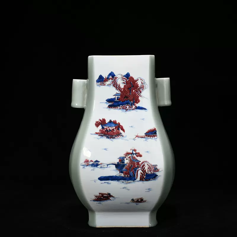 清雍正豆青釉青花釉里红山水贯耳瓶古玩200416古董古瓷器花瓶-Taobao