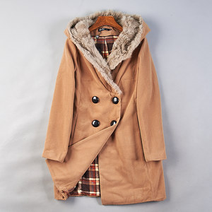 
522 Korean version of real fur collar hooded mid-length woolen coat for women 80904 autumn and winter retro slim double-breasted jacket