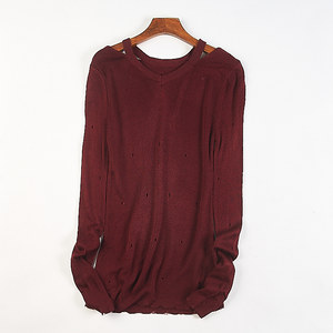 Korean version of fine solid color thin long-sleeved sweater for women 84384 spring and autumn new off-shoulder V-neck old worn top